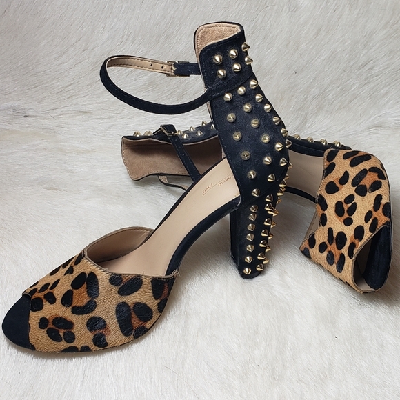 Cowhide Zara Studded High Heel Open Toe Heels